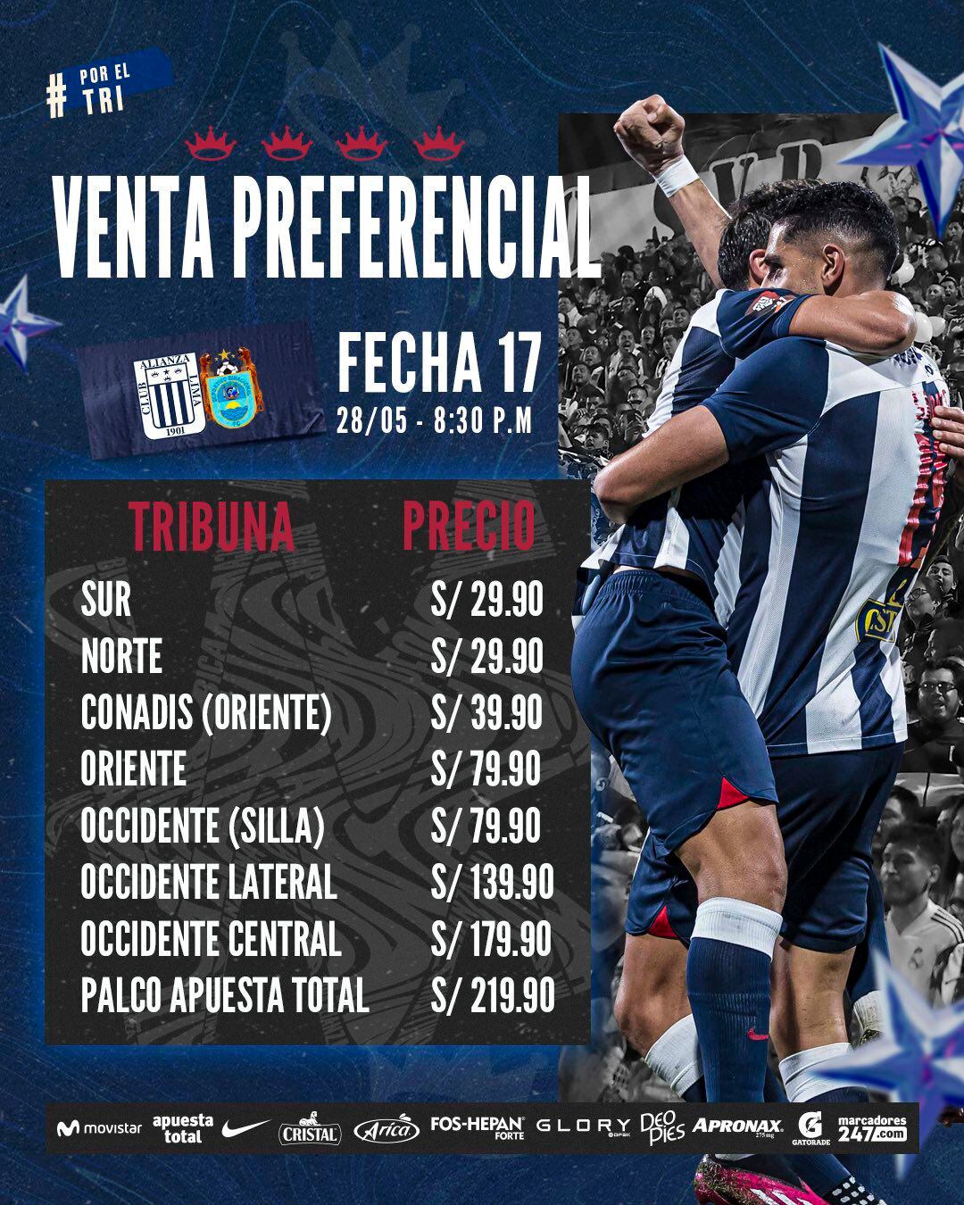Precios de entradas para el Alianza Lima vs Deportivo Binacional.