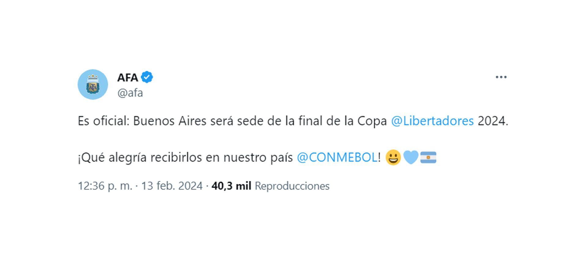 Confirmaron que la final de la Copa Libertadores 2024 será en Buenos Aires tuit