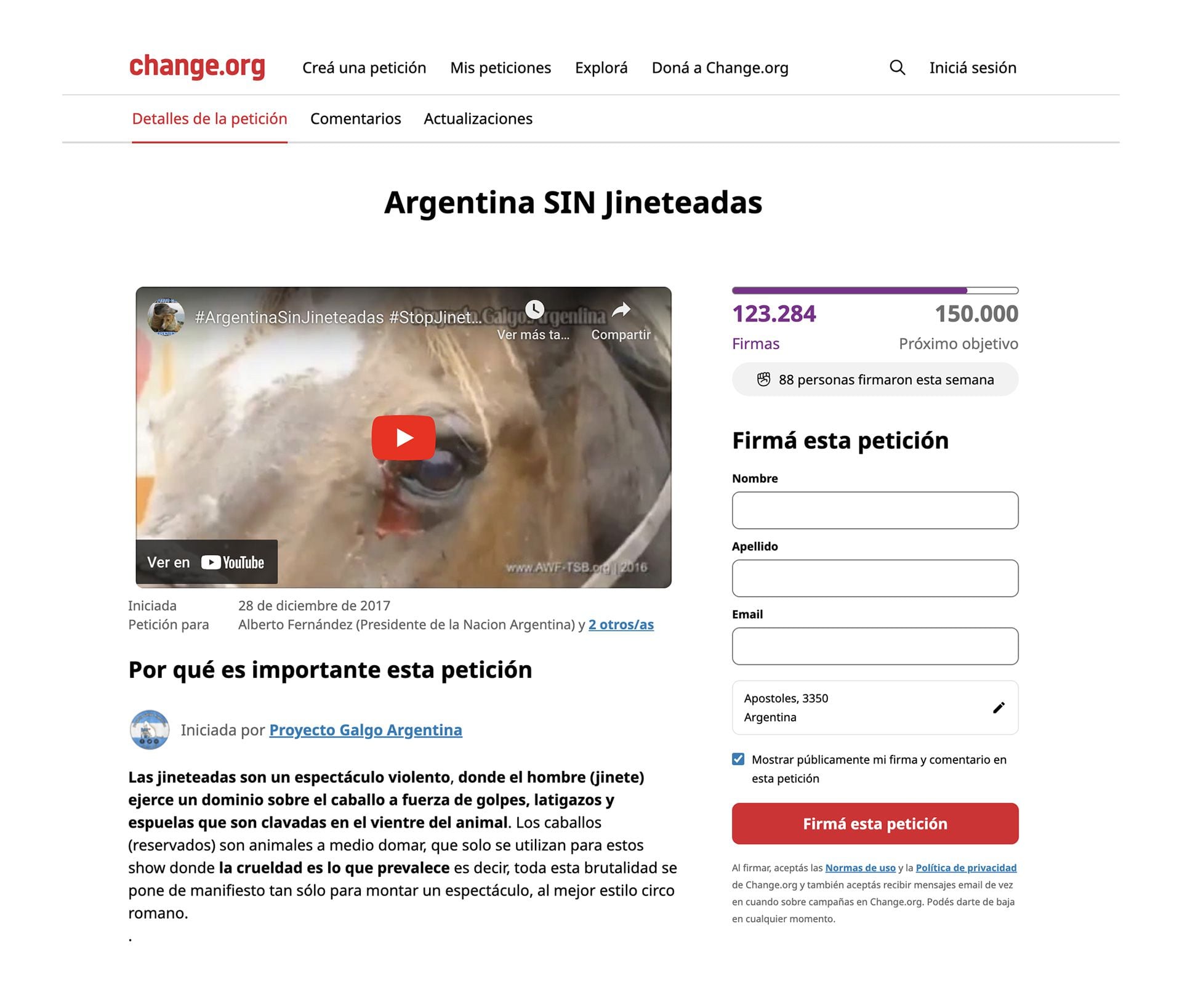 El petitorio en Change.org "Por una Argentina sin jineteadas"