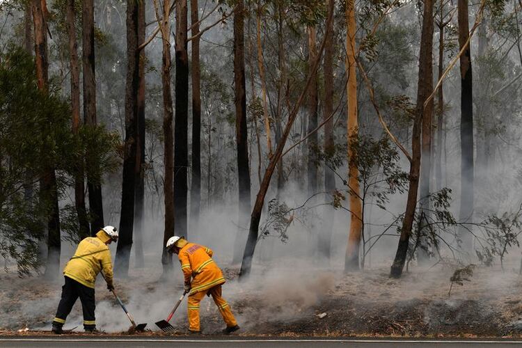  Voluntarios del Servicio de Bomberos Rurales (RFS) y funcionarios de Bomberos y Rescate de NSW contienen un pequeño foco de incendio forestal que cerró la autopista Princes Highway, al sur de Ulladulla, Australia.