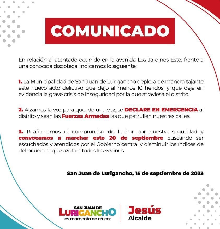 The municipality of San Juan de Luricancho is speaking out about recent acts of violence