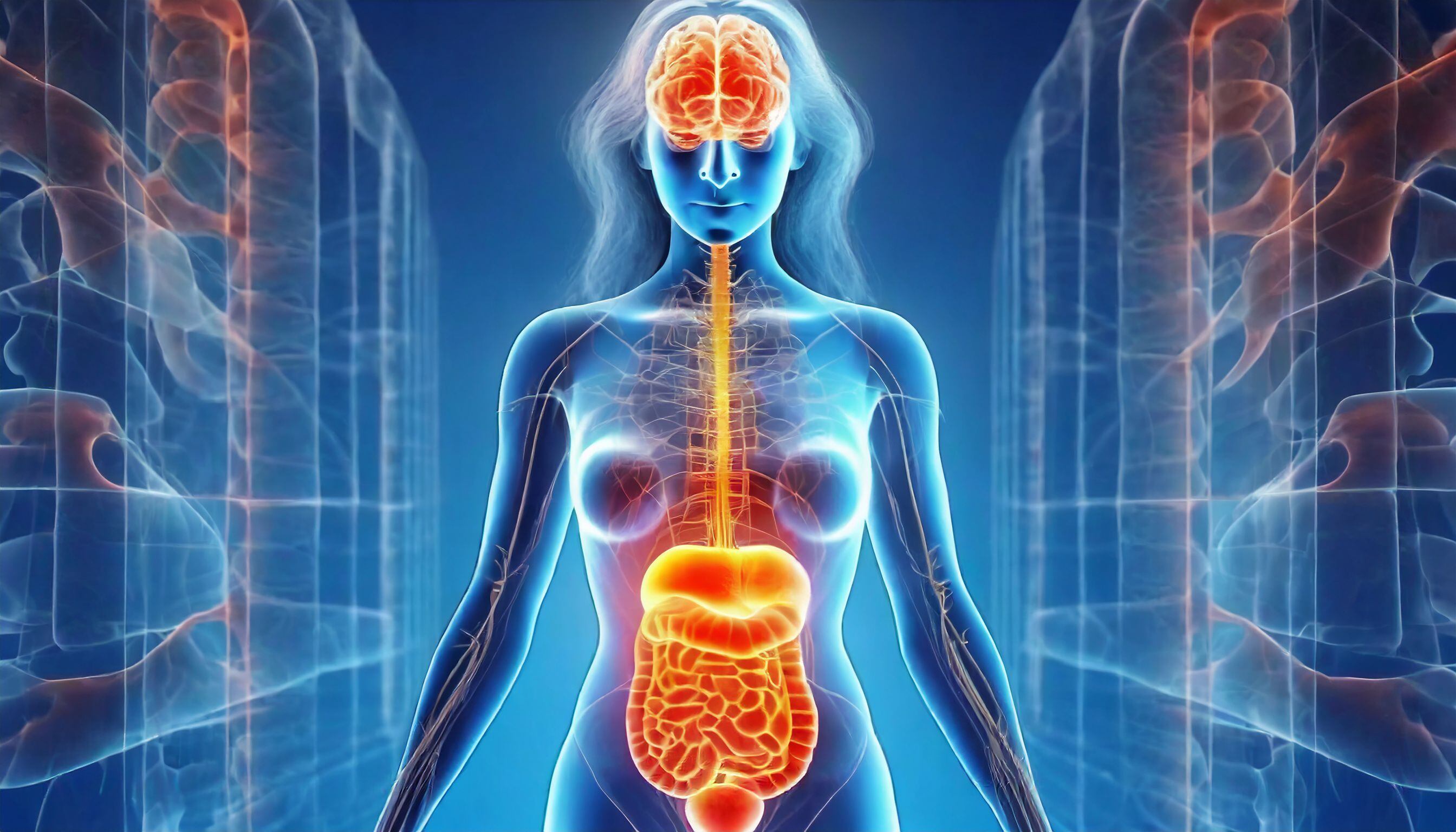 un esquema traslúcido de una persona mostrando su intestino y cerebro - (Imagen Ilustrativa Infobae)