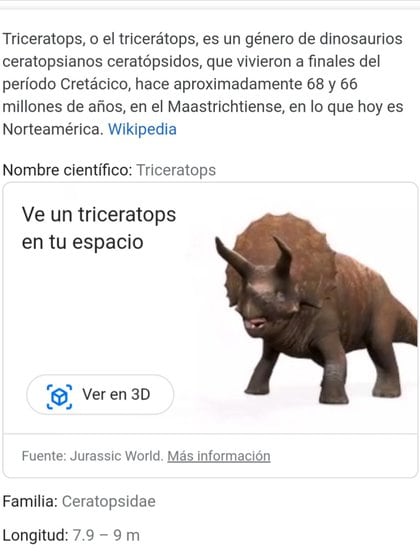 Buscá alguno de los 10 dinosaurios en Google. Abajo de la información vas a ver que aparece la opción "ver en 3D".