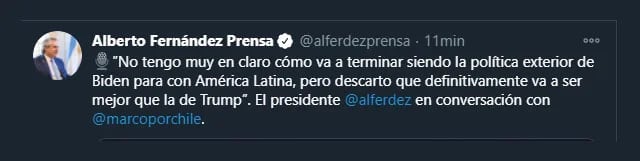 Tuit de Alberto Fernández opinando sobre Biden y Trump. Twitter: @alferdezprensa)