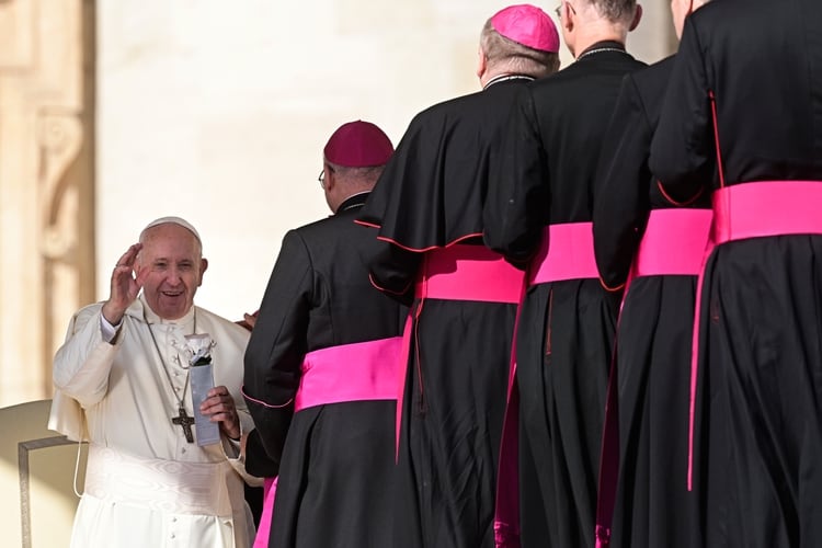 El papa Francisco saluda a los obispos durante la audiencia general semanal el 23 de octubre de 2019 en la Plaza de San Pedro en el Vaticano (Foto de Vincenzo PINTO / AFP)