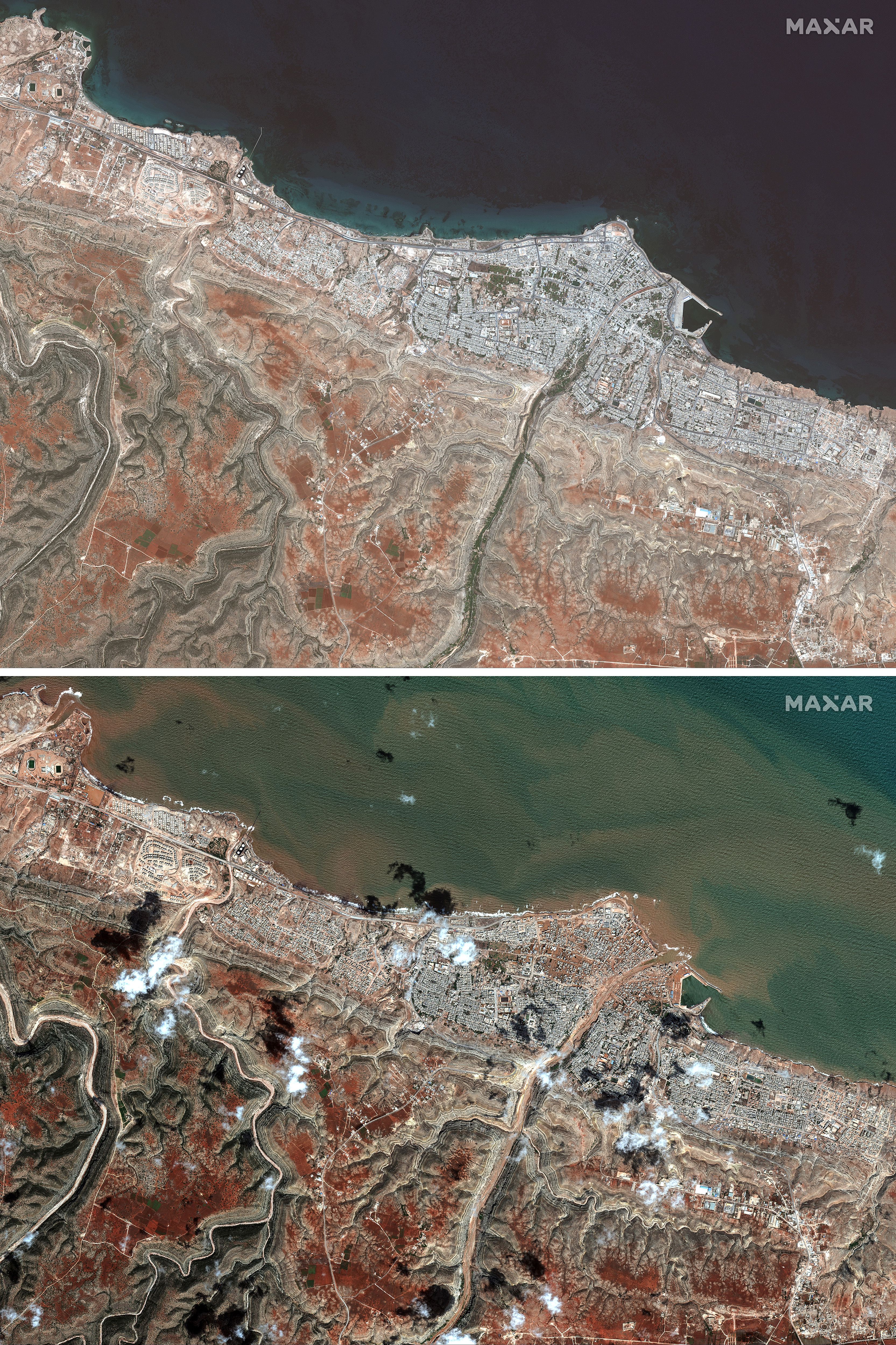 En la parte superior, una zona portuaria de Derna, Libia, el 1 de julio de 2023, y en la parte inferior la misma zona el miércoles 13 de septiembre de 2023 (Imagen satelital ©2023 Maxar Technologies vía AP)