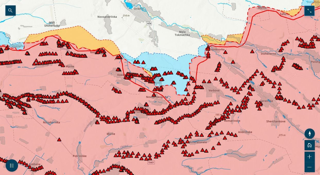 Mapa del avance ucraniano en Robotyne, a 100 kilómetros del Mar de Azov. La zona celeste muestra territorio recuperado por Ucrania (Institute for the Study of the War)