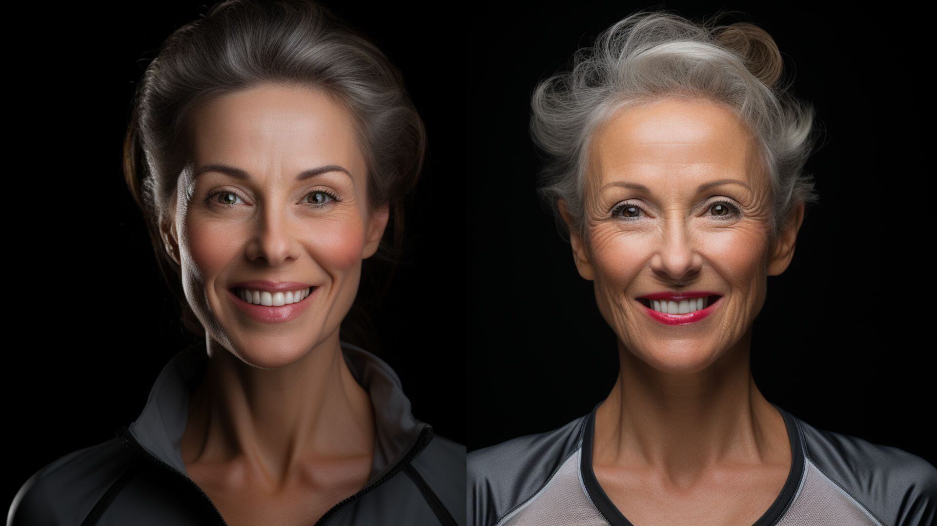 Primer plano de rostros, uno con signos visibles de envejecimiento y otro notablemente más joven, destacando el contraste y la eficacia de los tratamientos anti-envejecimiento.