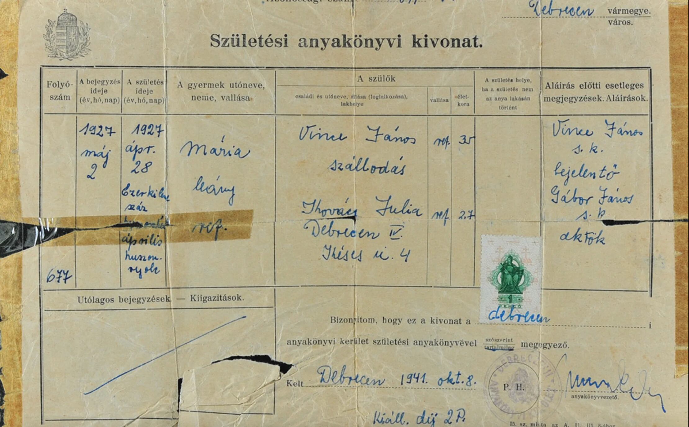 Certificado de nacimiento falsificado a nombre de Maria Vince, quien en realidad se llamaba Eva Billiczer. (Yad Vashem)