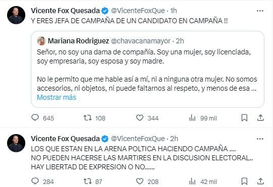 Vicente Fox continuó sus críticas en contra de Mariana Rodríguez el mismo 25 de noviembre (Captura de pantalla)