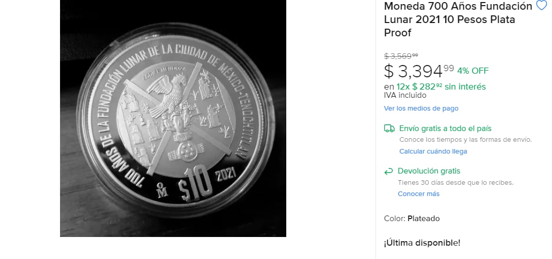 Moneda plata- 700 años de la fundación lunar de la ciudad de México-Tenochtitlan, de venta en Mercado Libre. FOTO: Captura de pantalla