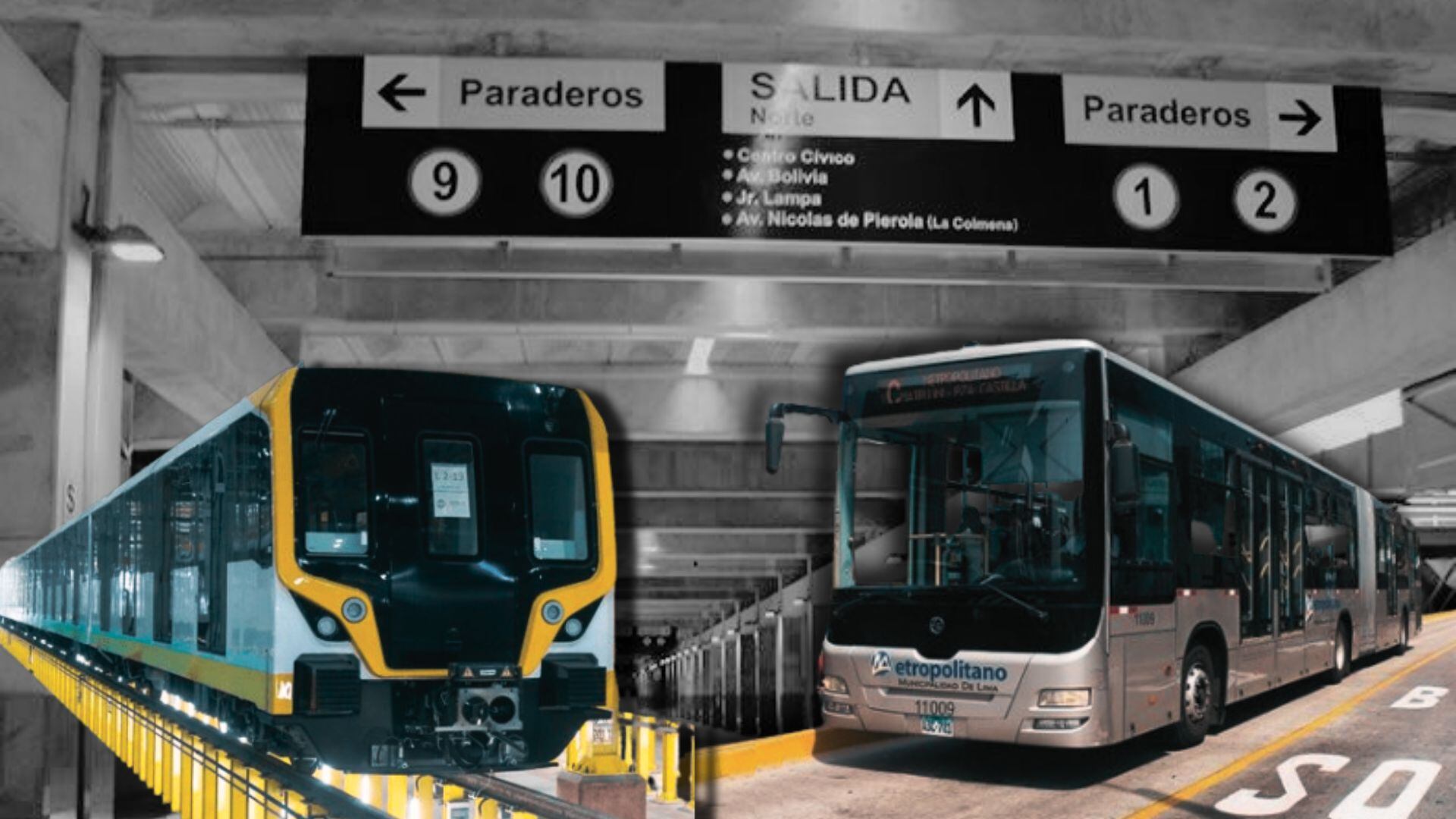 Buses del Metropolitano y el Metro de Lima con fondo de la estación central.
