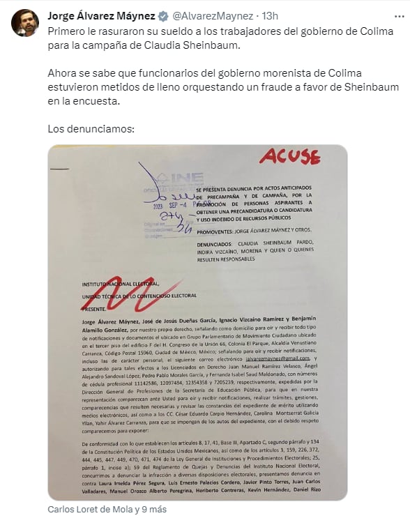 Jorge Álvarez Máynez presenta ante autoridades del INE una denuncia contra Claudia Sheinbaum (Captura de Pantalla)