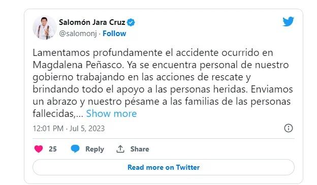 El gobernador de Oaxaca lamentó la volcadura en Magdalena de Peñasco. | Captura de pantalla Twitter