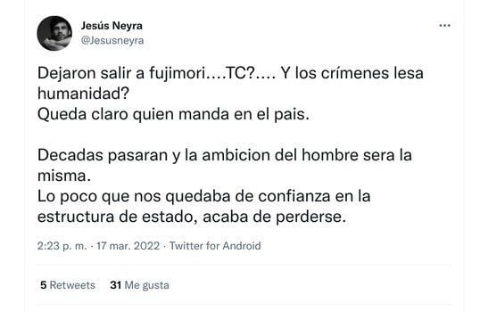 L'indignazione di Jesús Neyra per aver deciso a favore di Fujimori.
