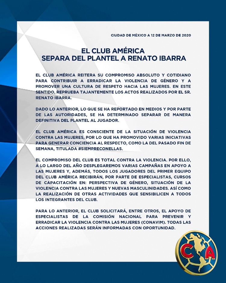 América informó la baja de Renato Ibarra (Foto: Twitter/ @ClubAmerica)