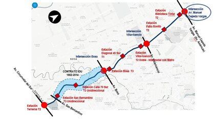 El primer tramo de la nueva troncal, de 7 km de longitud, tendrá ocho estaciones y conectará al sector de Terreros, en Soacha, con la avenida Américas, en Kennedy. Render IDU