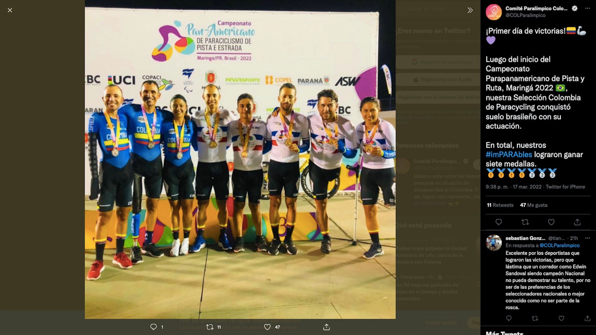 Colombian Paralympic Committee celebrates the four para-cycling medals on the first day of the 2022 Pan American Championship/ (Twitter: @COLParalimpico)
