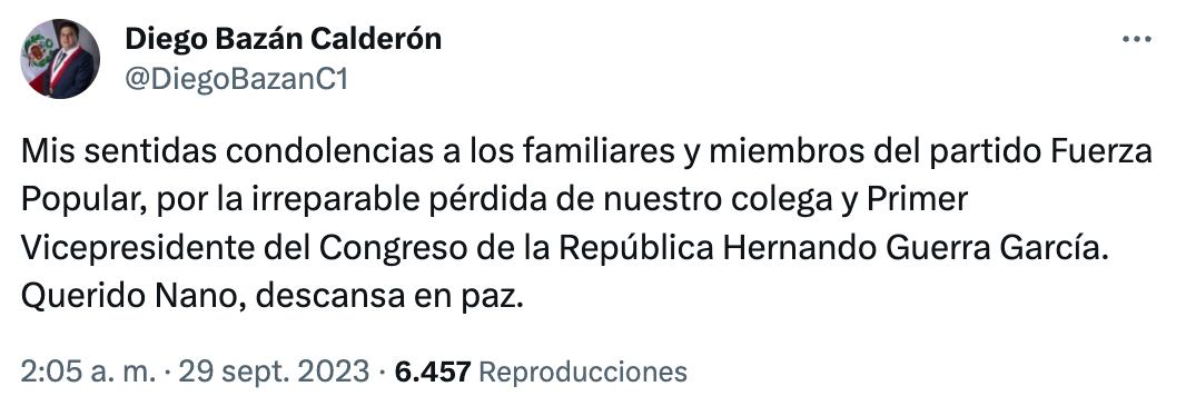 Congresista Diego Bazán lamentó fallecimiento de congresista Hernando Guerra-García.