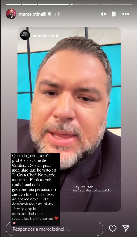 Javier Masías le envío mensaje a Milett Figueroa quien le preparó ceviche a Marcelo Tinelli. (Instagram)