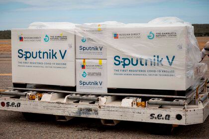 Vista, el 13 de febrero de 2021, de las cajas con las primeras vacunas Sputnik V en el Aeropuerto Internacional de Maiquetía (Venezuela). EFE/ Rayner Peña R
