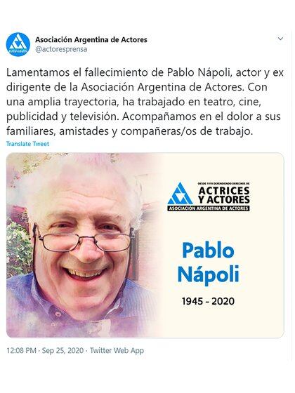 El comunicado de la Asociación Argentina de Actores sobre la muerte de Nápoli (Foto: Twitter)