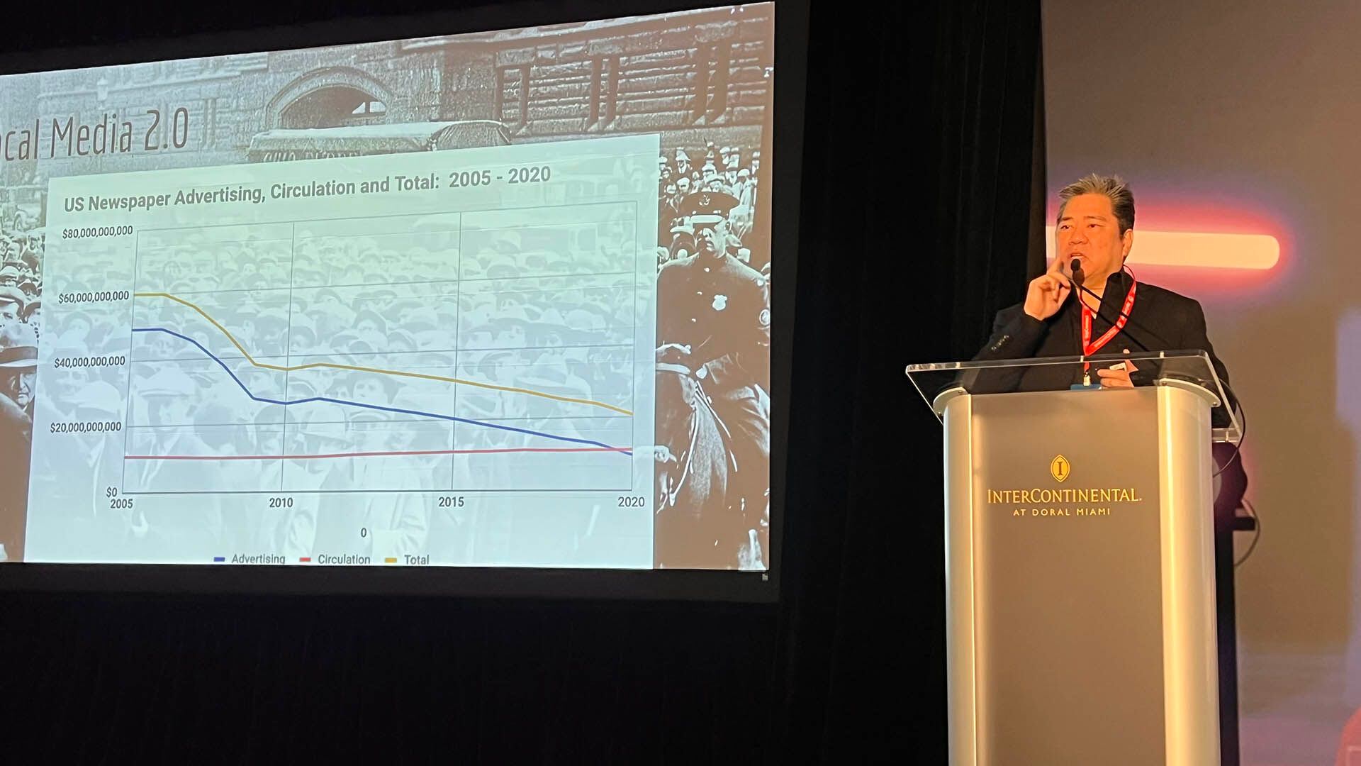 Guy Tasaka mostró cómo fue la caída libre de los ingresos de los medios locales en Estados Unidos.