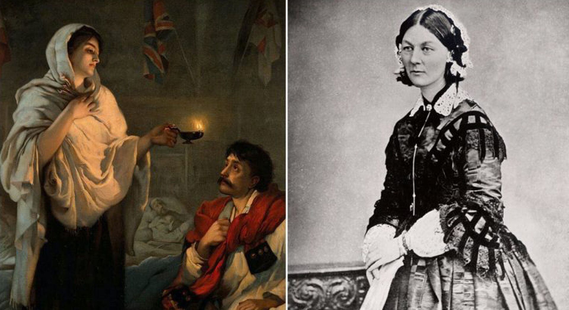 Florence Nightingale en un retrato de Henrietta Rae y una fotografía suya de mitad de siglo XIX