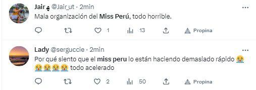 Usuarios decepcionados del Miss Perú 2023. (Twitter)