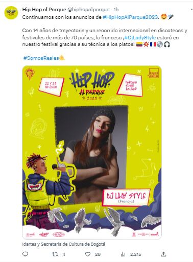 Como primera carta representativa de la voz femenina del género, desde Francia llegará Dj Lady Style. Foto captura Twitter.