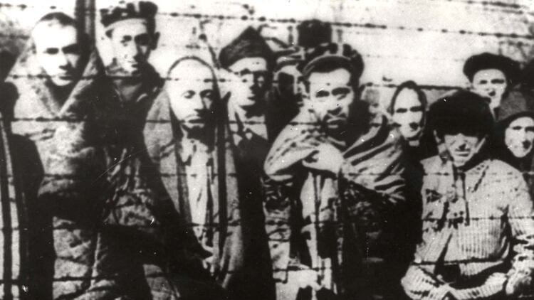 Los sobrevivientes del Holocausto detrás de una cerca de alambre de púas después de la liberación del campo de exterminio nazi alemán Auschwitz-Birkenau en 1945 en la Polonia ocupada por los nazis. (Cortesía de Yad Vashem Archives para Reuters)