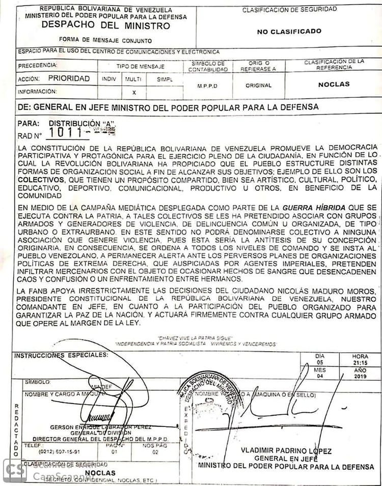 El documento firmado por Padrino López