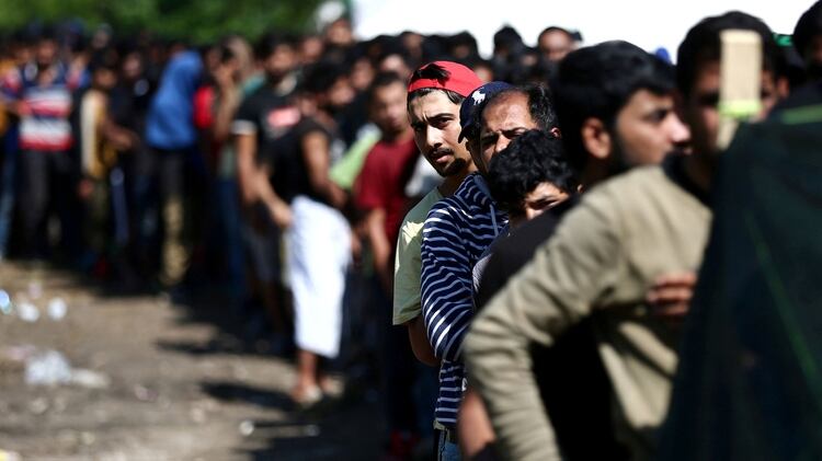 Migrantes esperan comida y ropa en el campamento de migrantes de Vucjak, en la zona de Bihac, Bosnia y Herzegovina, el 19 de junio de 2019 (Reuters/Antonio Bronic)