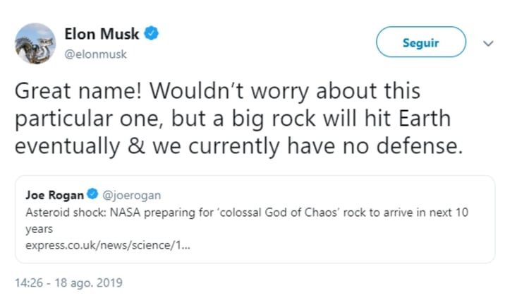 La empresa de Elon Musk, SpaceX, está trabajando en conjunto con la NASA en un proyecto para desviar asteroides (Foto: Twitter)
