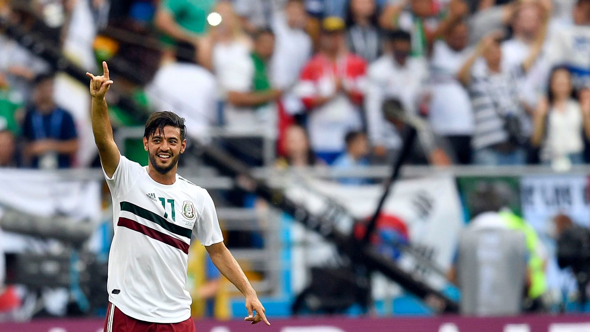 Mexico's Carlos Vela celebrates after scoring his side's opening goal from a penalty kick during the group F match between Mexico and South Korea at the 2018 soccer World Cup in the Rostov Arena in Rostov-on-Don, Russia, Saturday, June 23, 2018. (AP Photo/Martin Meissner)