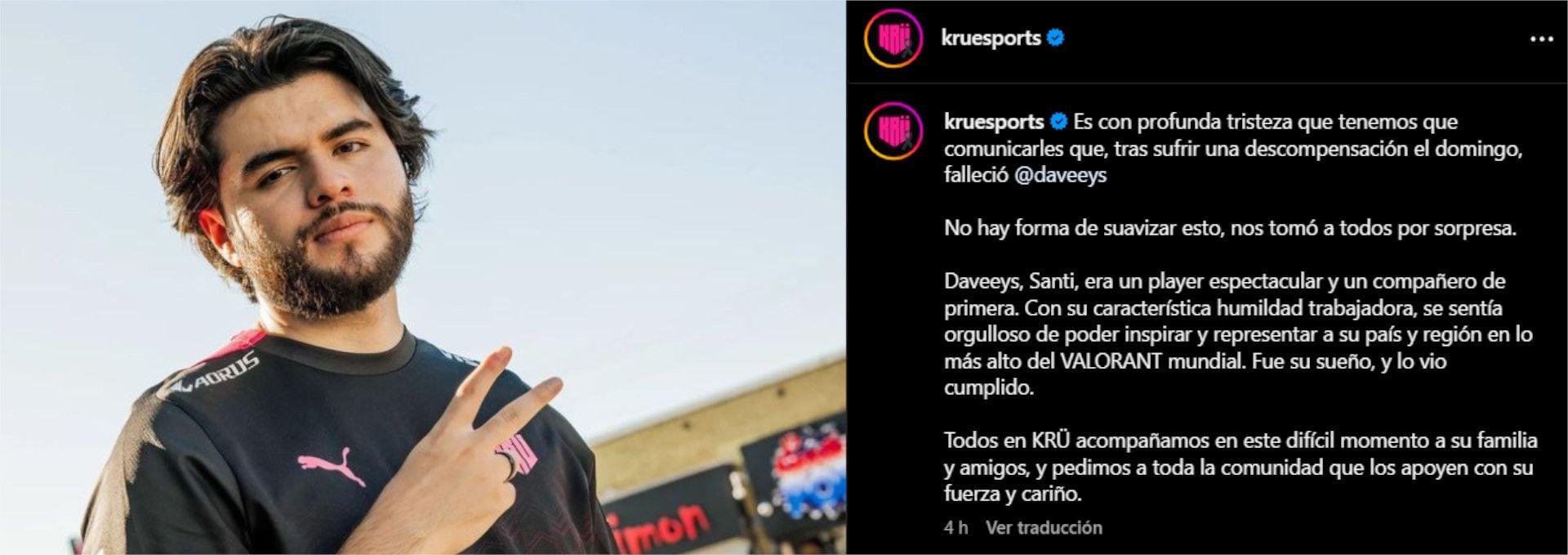 KRÜ Esports anuncia el fallecimiento del jugador DaveeyS en Instagram.