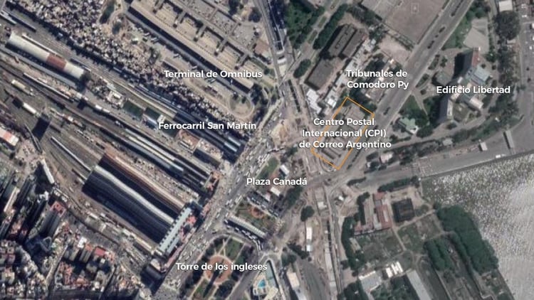 Una imagen aérea del Centro Postal Internacional (CPI) de Correo Argentino (Google) 