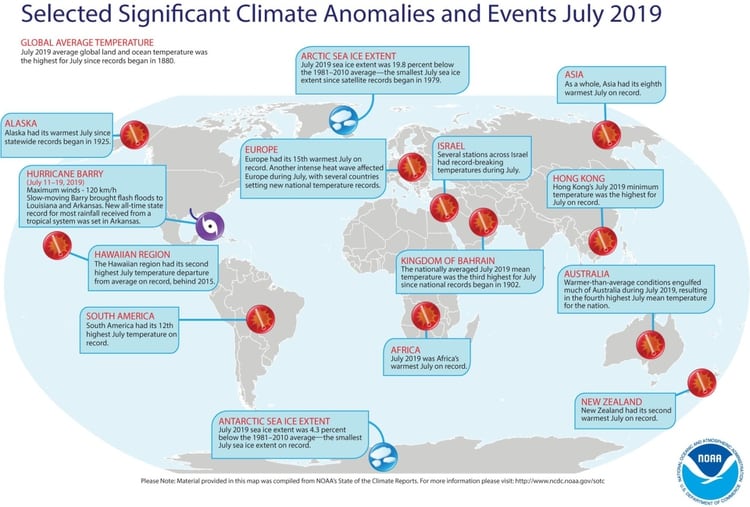Mapa de julio de 2019 de eventos climáticos significativos a nivel mundial (Foto: @NOAA)