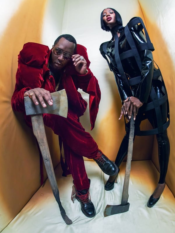Talento de rap y corazones: Puff Daddy y la top model Naomi Campbell, en el calendario Pirelli 2018 fotografiados por Tim Walker. Dos verdugos de “Alicia” by Walker .  (Gentileza Pirelli)