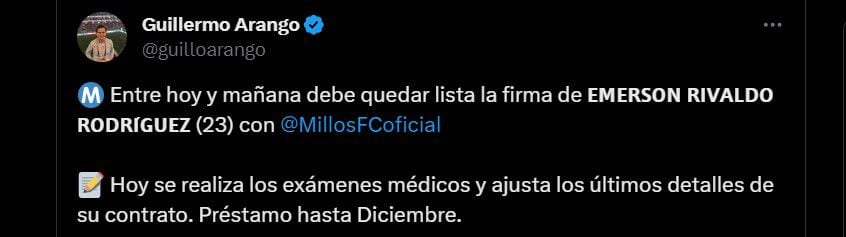 Entre el 11 y 12 de febrero quedará lista la contratación de Emerson Rodríguez en Millonarios - crédito @guilloarango/X