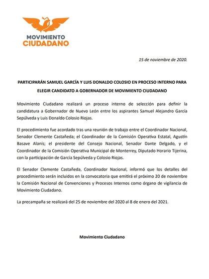 Movimiento Ciudadano informó sobre las precandidaturas de su partido en Nuevo León a través de redes sociales (Foto: Twitter @MovCiudadanoMX)