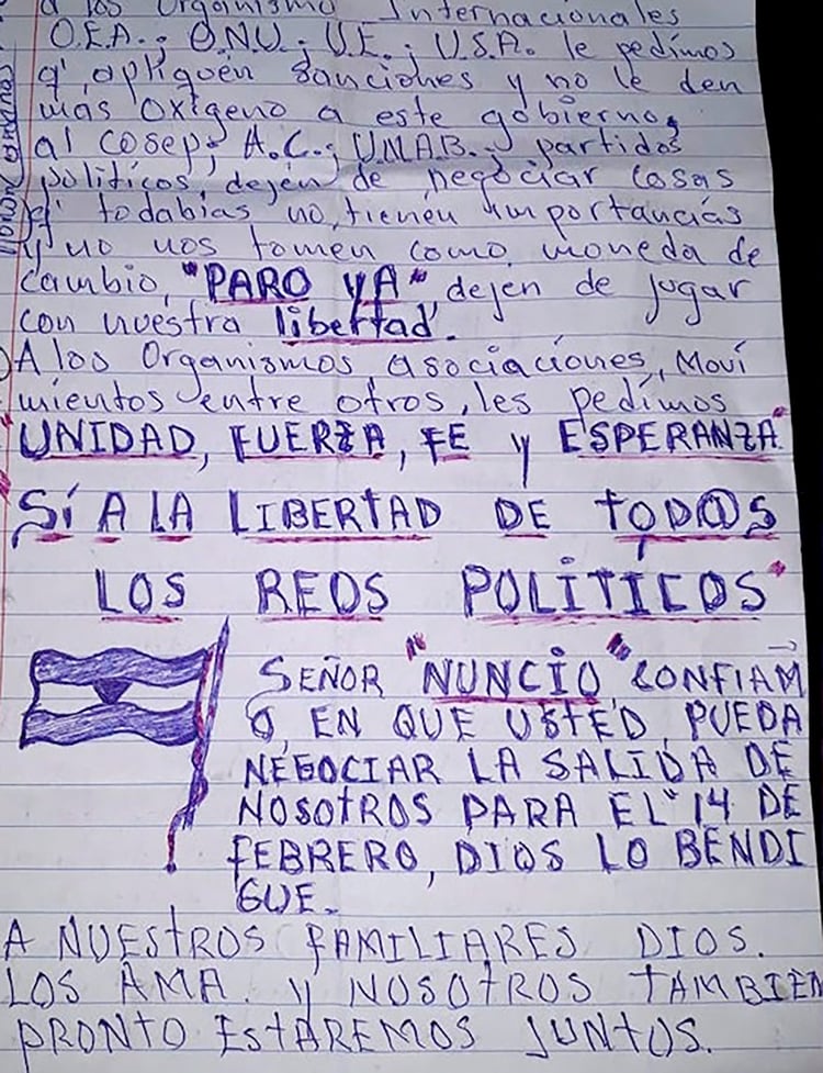Carta enviada por los presos políticos desde la cárcel Modelo donde piden que “dejen de jugar” con su libertad.