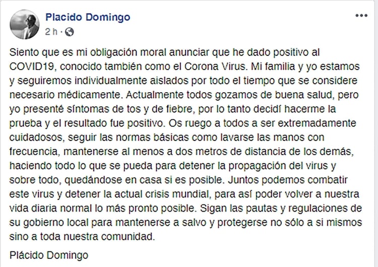 El mensaje de Plácido Domingo confirmando que tiene coronavrius