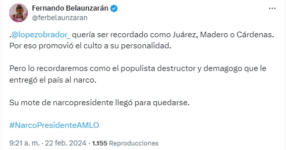 Tuit de Fernando Belaunzarán contra AMLO