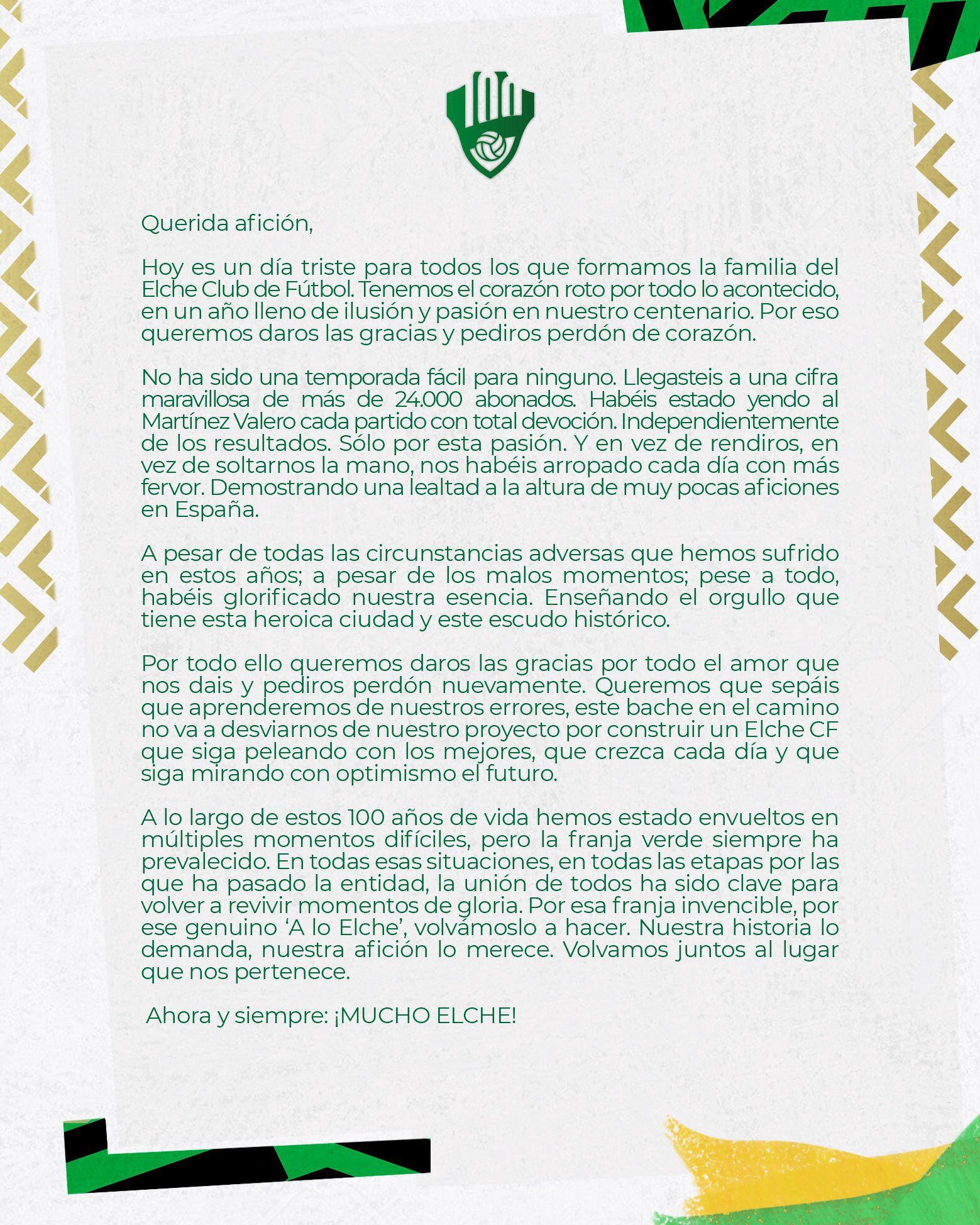 La carta que publicó el Elche tras consumarse su descenso a la Segunda División de España