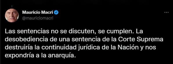 El tuit de Mauricio Macri contra Alberto Fernández por desoír el fallo de la Corte Suprema