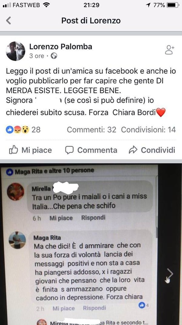 “Dentro de poco van a haber perros y puercos en Miss Italia, qué pena, qué asco”, escribió una usuaria
