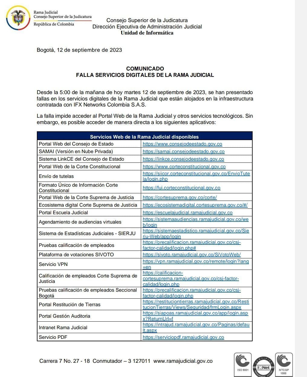 Rama Judicial notifica las páginas en funcionamiento - crédito Rama Judicial