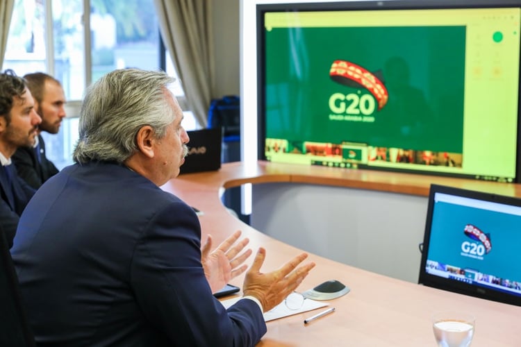Alberto Fernández en la videoconferencia con los presidentes del G20 (Presidencia)