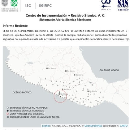 Ubicación del tercer terremoto registrado en la madrugada del domingo (Foto: Twitter @SASMEX)